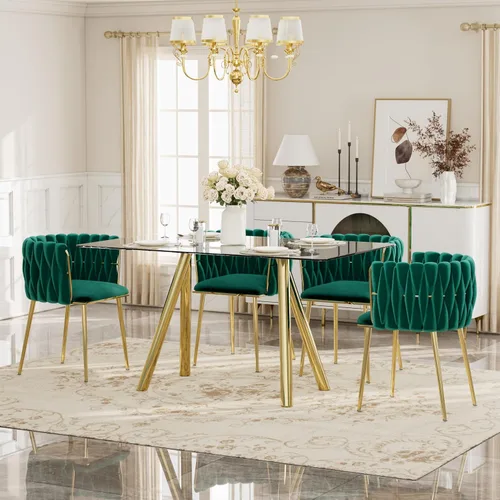 Vista 35 de Glam Style - Juego de mesa de comedor de 5 piezas para 4, mesa de comedor rectangular de vidrio templado de 51 pulgadas con base de metal dorado
