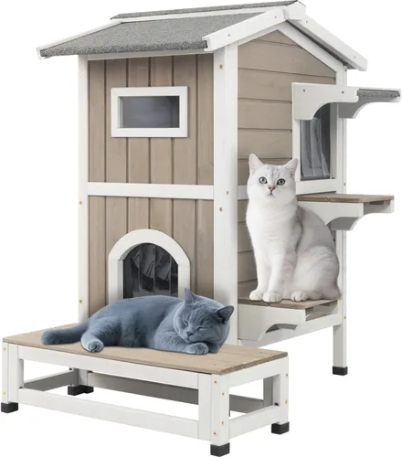 Vista 11 de PetsCosset Casa para gatos al aire libre resistente a la intemperie, refugio de gatos de dos pisos para exteriores, condominio interior para gatos