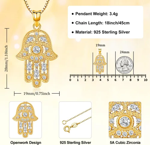 Vista 19 de Aniu Joyería de plata de ley 925 Hamsa de Fátima para mujer con circonita cúbica, viene con caja de regalo negra