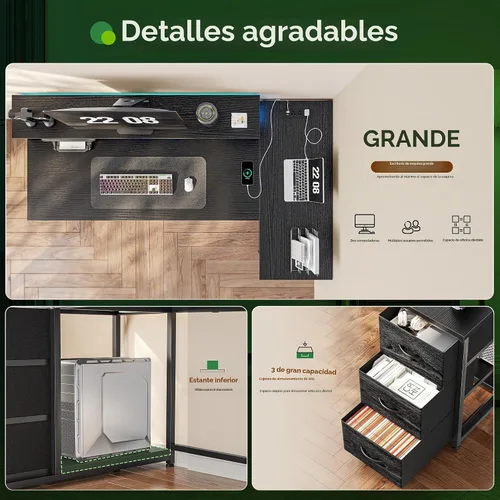 Vista 3 de EnHomee Escritorio para juegos en forma de L con luces LED y toma de corriente, escritorio de computadora de 40 pulgadas con cajones, escritorio