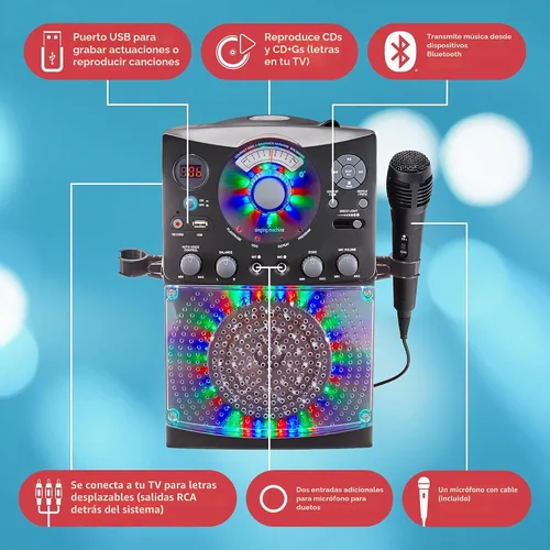 Vista 3 de Sistema de karaoke con Bluetooth parte superior para carga de CDG, espectáculo de discoteca sonido y luces (negro) SML385BTBK Singing Machine, Negro