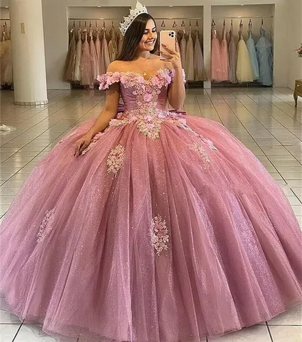 Vista 5 de Youjiayi Vestidos de quinceañera florales 3D con lazo fuera del hombro con cuentas dulces 16 vestidos de encaje hinchado apliques vestido de bola