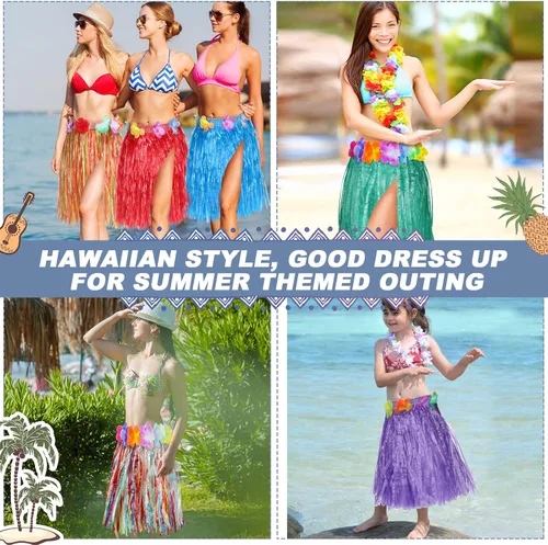 Vista 6 de Vicenpal 50 faldas hawaianas de hula de plástico para niños, coloridas danzas, Luau, recuerdo de fiesta, fiesta hawaiana tropical, suministros