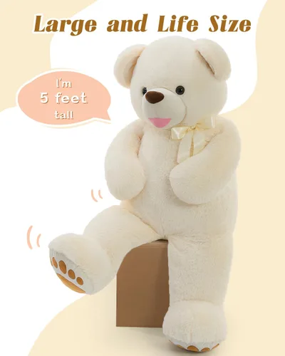 Vista 6 de Tezituor Oso de peluche gigante de 5 pies, suave y tierno oso marrón claro con patas grandes y pajarita, para novia o día de San Valentín