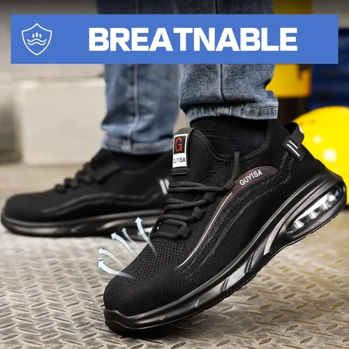 Vista 5 de GLANOUDUN Zapatos de punta de acero para hombre, zapatos de trabajo negros, zapatos de seguridad ligeros para hombres, zapatos de seguridad