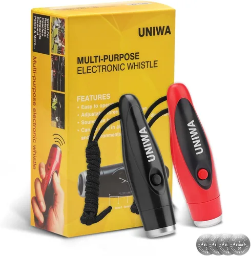 Vista 8 de UNIWA Silbatos electrónicos, 2 unidades de silbato de mano de 3 tonos de alto volumen con cordón para profesor, entrenador, árbitro, silbato