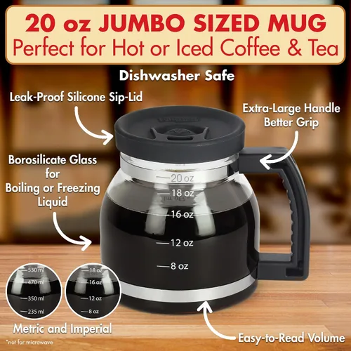 Vista 2 de Taza de café Cupa Joe – Taza de comedor de vidrio borosilicato de 20 onzas con tapa a prueba de derrames – Divertido regalo novedoso