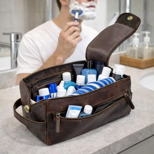 Vista 6 de Bolsa de aseo unisex de cuero de búfalo genuino, hecha con cuero de búfalo de alta calidad Marrón