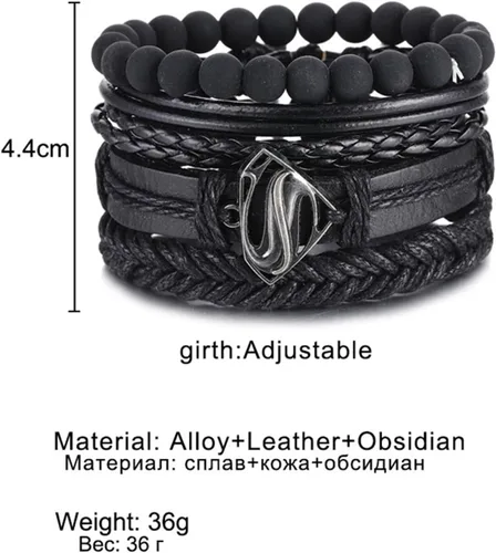 Vista 2 de Pulsera de cuentas vintage para hombre, pulsera de cuero triángulo hueco de moda, pulsera multicapa ancha envuelta para hombres