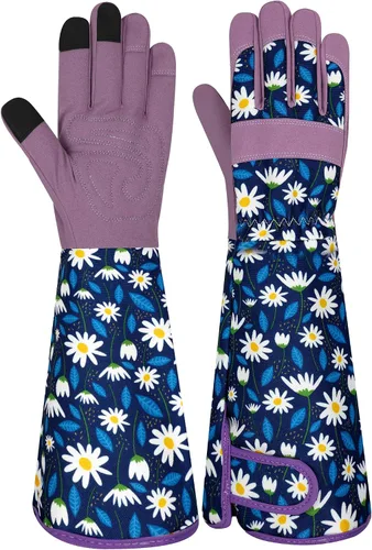 Vista 27 de Guantes largos de jardinería para mujer, guantes de cuero a prueba de espinas, guantes de trabajo transpirables para mujeres, patio, exteriores