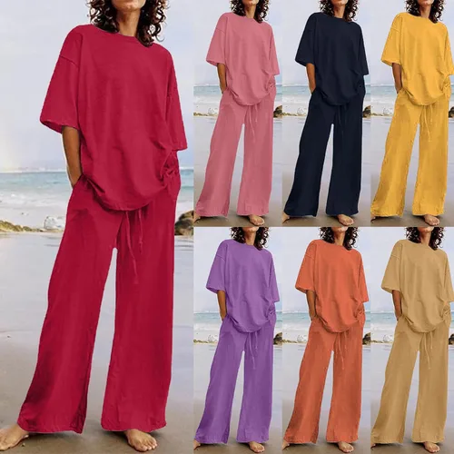 Vista 14 de Conjuntos de verano de 2 piezas para mujer, conjuntos elegantes y casuales de color liso, para verano, otoño, cuello redondo, tops y pantalones
