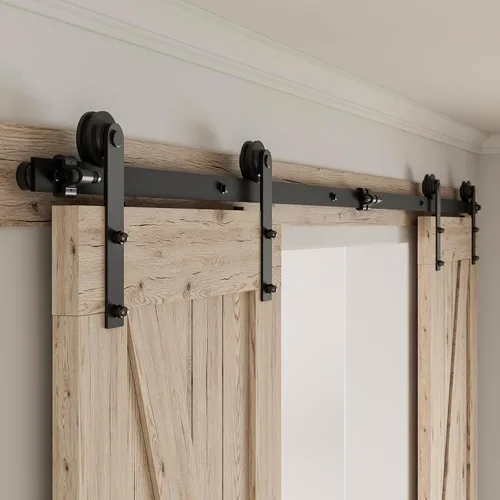 Vista 14 de CCJH Kit de herrajes para puerta corrediza de granero de 4 pies, resistente, suave y silencioso, fácil de instalar, se adapta a paneles de puerta