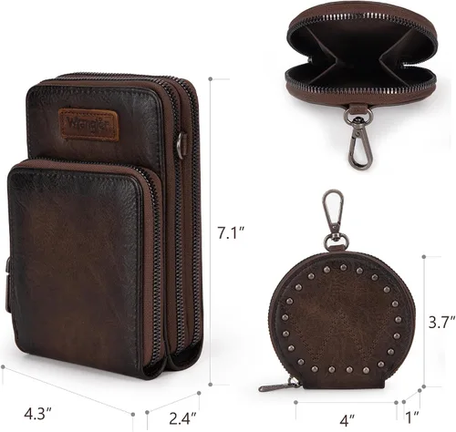 Vista 3 de Wrangler Bolsos cruzados pequeños para mujer, bolso cruzado para teléfono celular, cartera con ranuras para tarjetas de crédito WG117-207CF, B Café