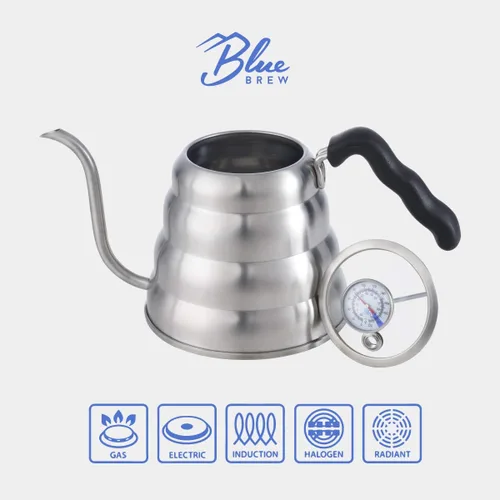 Vista 4 de Blue Brew Estufa de cuello de cisne, tetera con termómetro, cafetera de 40 onzas para café y té, hervidor de café de acero inoxidable, compatible