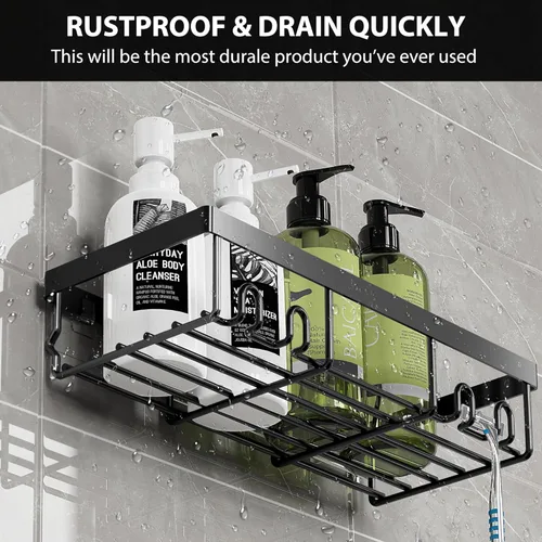 Vista 4 de Moforoco Estante organizador de estante para ducha, cesta autoadhesiva negra para estantes de baño, decoración interior de pared de casa de campo