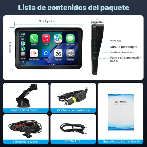 Vista 6 de Pantalla inalámbrica CarPlay de 9" para coche, receptor Apple CarPlay y Android Auto con cámara de respaldo 1080P, pantalla táctil HD, Bluetooth