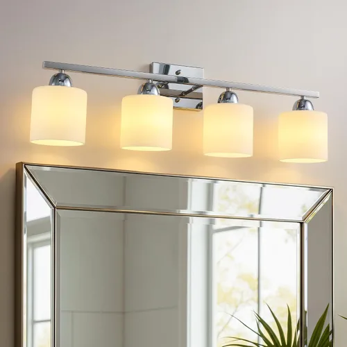 Vista 17 de Mecgirn Luces de tocador de vidrio de leche de acero inoxidable para baño, 2 lámparas cromadas de baño sobre espejo, enchufes E26 de cerámica