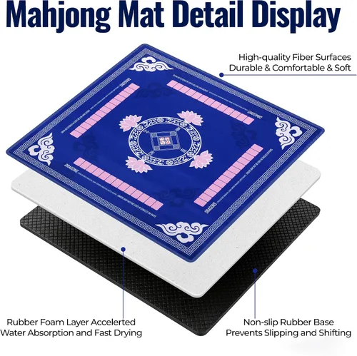 Vista 9 de Mahjong Mat para mesa con reglas 4 dados y bolsa 31.5 x 31.5 pulgadas, azul