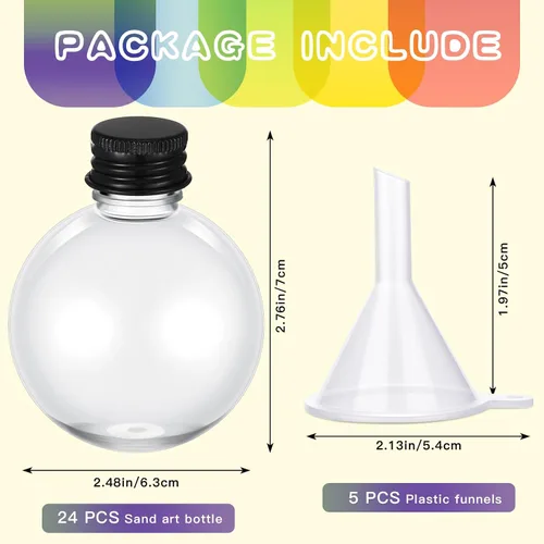 Vista 2 de Layhit 24 botellas esféricas de plástico con forma de bola, botellas redondas de 3.4 onzas, tarro de arena con 5 embudos decorativos, tarro de Negro