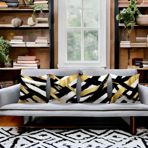 Vista 3 de Juego de 4 fundas de almohada negras y doradas, fundas de almohada de 18 x 18 pulgadas, almohadas geométricas abstractas a rayas para decoración
