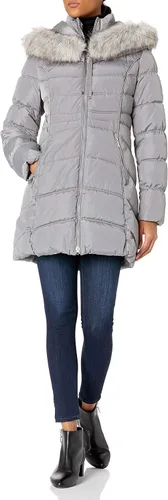 Vista 10 de Laundry by Shelli Segal Chaqueta acolchada elástica para mujer, abrigo largo de invierno con capucha de piel sintética