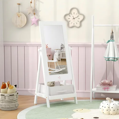 Vista 9 de Costzon Espejo de longitud completa para niños, espejo de pie de princesa con estante de almacenamiento y cesta, espejo rectangular giratorio de 360