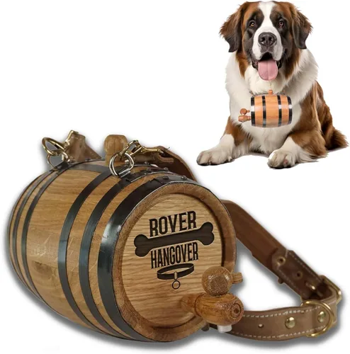Vista 15 de St Bernard - Collar de barril de whisky para perro, 'M.U.T.T.' - Dispensador de barril de roble de 1/2 litro para perros San Bernardo con correa