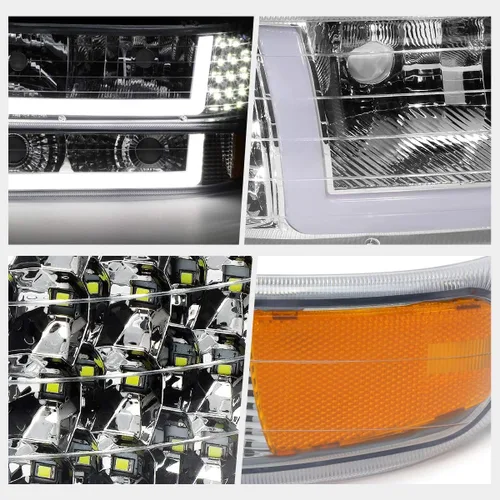 Vista 3 de PM PERFORMOTOR Faros delanteros de proyector de luz LED en forma de L de esquina ámbar de carcasa cromada compatibles con Silverado 99-02