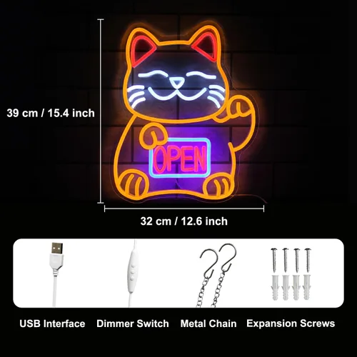Vista 3 de Letrero de neón de gato de la suerte, letreros LED abiertos para decoración de habitación japonesa, luz de neón de gato de la fortuna regulable