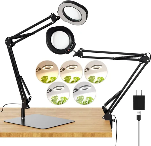 Vista 11 de 15X Magnifying Glass with Light and Clamp, 84 LED Hands-Free Lighted Magnifying Glass with Clamp, 3-Section Arm 5 Color Modes Dimming LED Desk
