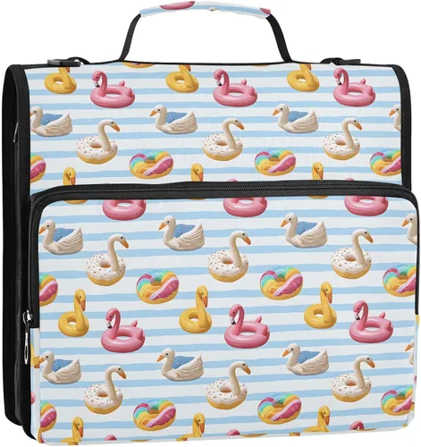 Vista 2 de ALAZA Zipper Binder 3 Ring Flamingo Swan Circlen Bule Stripes Binder Organizer with Zipper and Shoulder Strap Large Capacity Multi-Pocket Trapper
