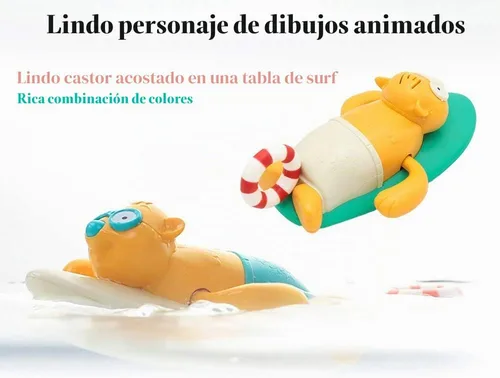 Vista 4 de Pull String - Juguete de baño para bebé, lindo castor de surf, natación, cuerda mecánica, juguete de bañera para niños pequeños (beige)