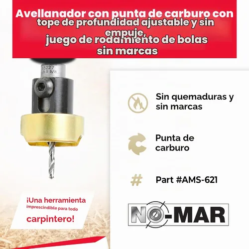 Vista 2 de Amana Tool Juego avellanador para carpintería, AMS-621, 3 piezas Punta de carburo con tope de profundidad ajustable y sin empuje, sin rodamiento