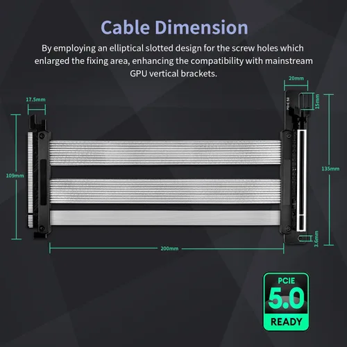 Vista 5 de Cable elevador PCIE 5.0 con kit de soporte de montaje vertical de GPU de 3 ranuras, cable de extensión de tarjeta gráfica Gen 5 GPU, PCI-E 16X