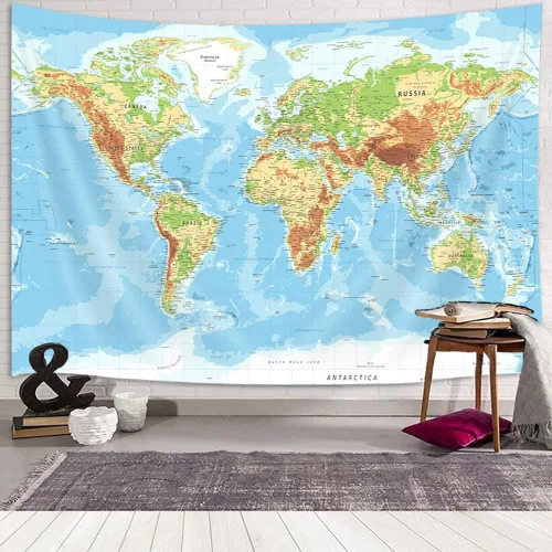 Vista 3 de Tapiz de mapa del mundo para niños y estudiantes, mapa del mundo con países y ciudades principales, tapiz educativo, Asia Europa, ciudad del sur