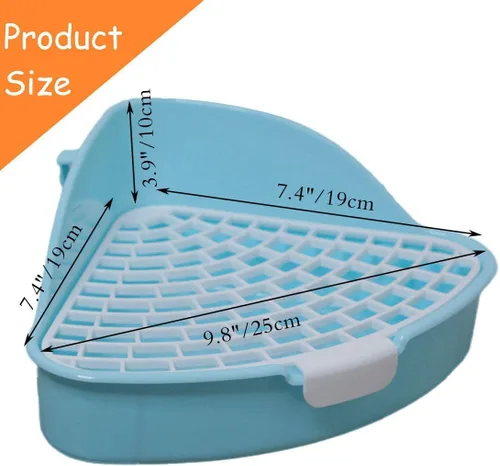 Vista 2 de Hamiledyi Caja de arena pequeña para conejo para jaula triangular, entrenador de orinal de esquina, conejo, inodoro, bandeja de plástico para Azul