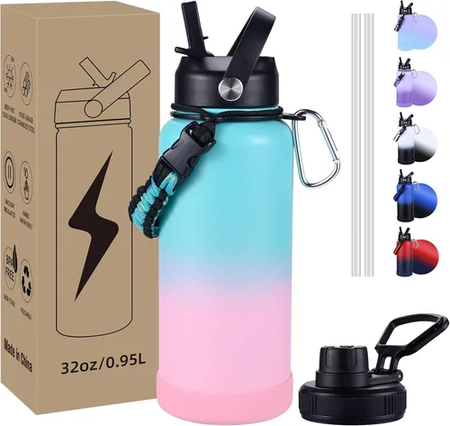 Vista 18 de Botella de Agua Aislada, botellas de agua de boca ancha de acero inoxidable de 32 onzas con 2 tapas a prueba de fugas y mango de paracord, botella