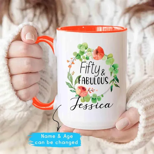 Vista 4 de Fifty & Fabulous - Taza de regalo para mujer/hombre, tazas personalizadas con nombre, regalos personalizados de 50 cumpleaños