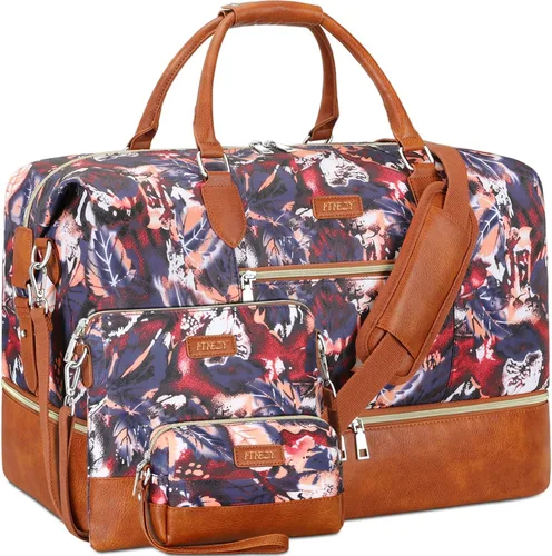 Vista 37 de Bolsa de fin de semana para mujer, bolsa de viaje de nailon, con compartimento para zapatos, tamaño grande 1-beige