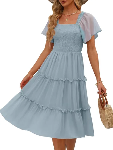 Vista 10 de LILLUSORY Vestido midi fruncido con cuello cuadrado y mangas con vuelo Negro