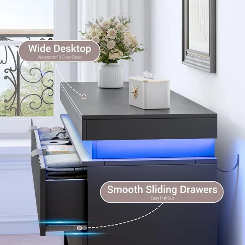 Vista 7 de Cómoda acanalada de 6 cajones para dormitorio con estación de Negro