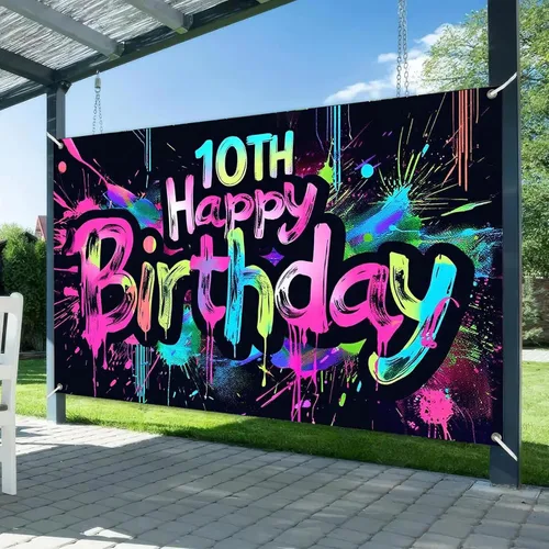 Vista 2 de HOMETITUTE Pancarta de Neón de Feliz 10mo Cumpleaños 71 x 43 pulgadas, Salpicadura de Pintura que Brilla en la Oscuridad, Telón de Fondo