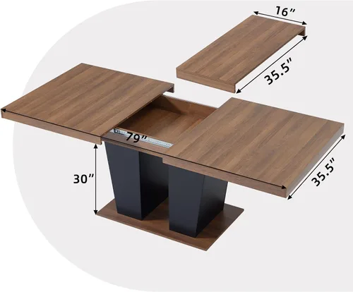 Vista 2 de Mesa de comedor extensible de 63 a 79 pulgadas para 4-8 rectangular de madera expandible con base acanalada para comedor, cocina, sala de estar