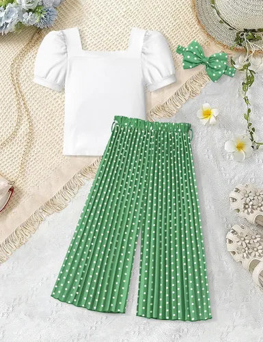 Vista 58 de DONWEN Conjunto de 3 piezas de ropa para niñas pequeñas y niñas con cuello cuadrado + pantalones elegantes + diadema para primavera y verano