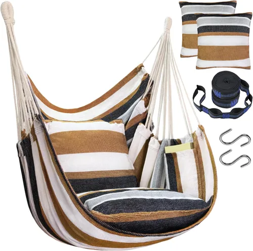 Vista 11 de Halalona Silla Hamaca Colgante Silla Hamaca Colgante Columpio de Cuerda 2 Cojines Incluidos - Hamaca Columpio Resistente y Duradera de Algodón Suave