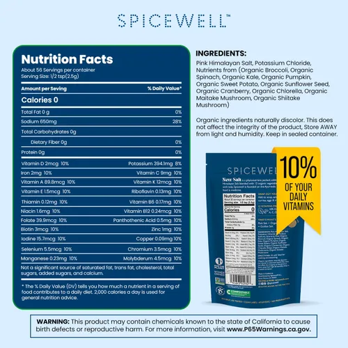 Vista 2 de Spicewell New Salt Sal rosa del Himalaya infundida con 21 vitaminas y minerales a base de plantas, 30% menos de sodio que la sal de mesa, sal