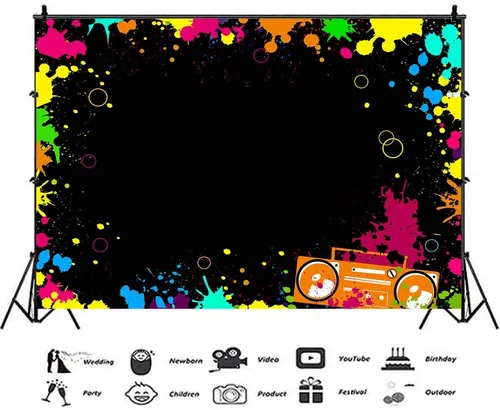 Vista 4 de Fondos de fotografía de neón brillantes para fiestas Let's Glow Splatter Fondo fotográfico de 5 x 3 pies, luz negra, colorido, rayo láser, disco