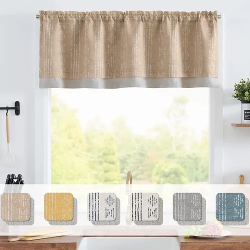 Vista 3 de Vangao - Cortinas de lino estilo bohemio para cocina, diseño rústico de granja, geométrico y a rayas, de doble capa, con bolsillo para varilla