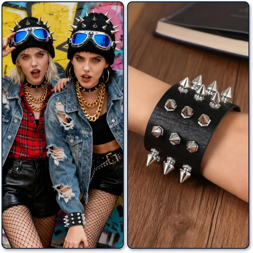 Vista 7 de 2 pulseras con tachuelas góticas, punk rock, rock, pulseras exageradas de cuero negro remache pulsera ajustable de correa ancha con botón de metal