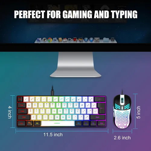 Vista 6 de RedThunder Combo de teclado y mouse 60% para juegos, mini teclado ultra compacto con retroiluminación RGB de 61 teclas, mouse óptico ligero de 7200